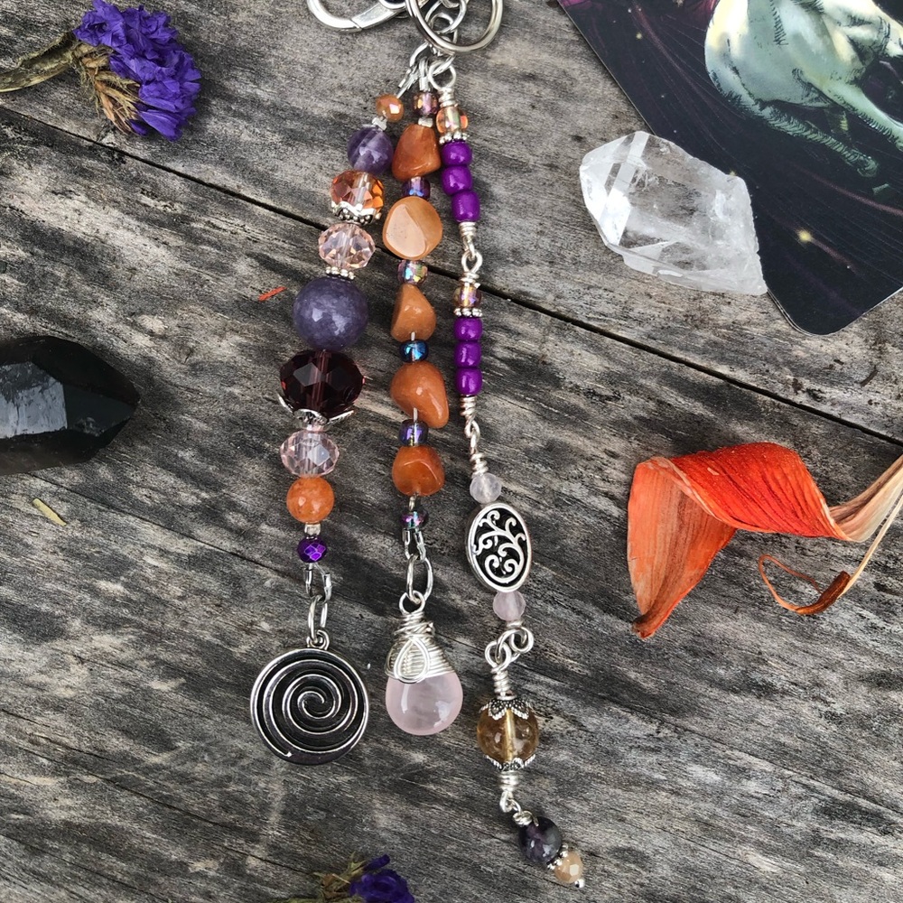 Red Aventurine Rose Quartz Mixed Crystal Gemstone Beaded Purse Charm Keychain